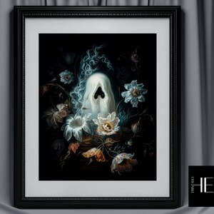 Sad cute Ghost in Flowers Dark Academia Halloween Decor Cottagecore Botanical Gothic Moody Wall Art Oil painting Printable digital download