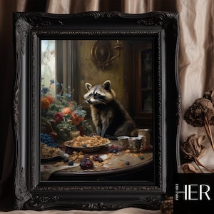 Raccoon breakfast Victorian Mansion Dark Cottagecore Academia Antique Oil painting Moody Wall Art Decor Vintage Interior Scene Printable art