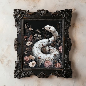 White snake Flowers Meadow Dark Cottagecore Print Moody Botanical Decor Gothic Floral Wall Art Academia Animal Painting Art Digital download