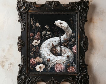 White Snake Floral Print: Dark Cottagecore Botanical Wall Art (Digital Download)