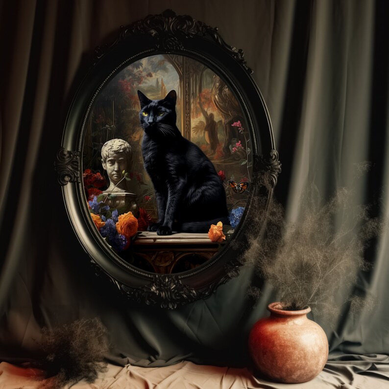 Gothic Black Cat in Victorian mansion Printable Wall Art Decor will indulge in dark academia aesthetic. Moody animal digital wall art of a black cat sitting next to a classical sculpture surrounded by moody flowers in an abandoned Victorian mansion