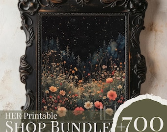 Dark Botanical Forest Bundle | 700+ Artworks, Night Sky Meadow Print (Digital Download)