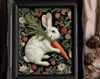 Rabbit with Carrot Botanical Art Print: Dark Cottagecore Decor (Digital Download)