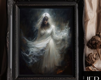 May include: A framed painting of a woman in a white dress standing in a misty forest. The woman has long, flowing hair and a serene expression. The painting is set against a dark background, with the mist swirling around the woman.