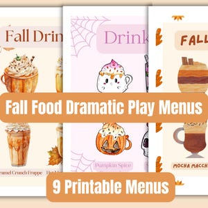 May include: Nine printable autumn-themed food menus for dramatic play. The menus feature illustrations of autumn drinks such as pumpkin spice, caramel crunch frappe, mocha macchiato, and hot chocolate. The menus are decorated with autumn leaves and a spiderweb.