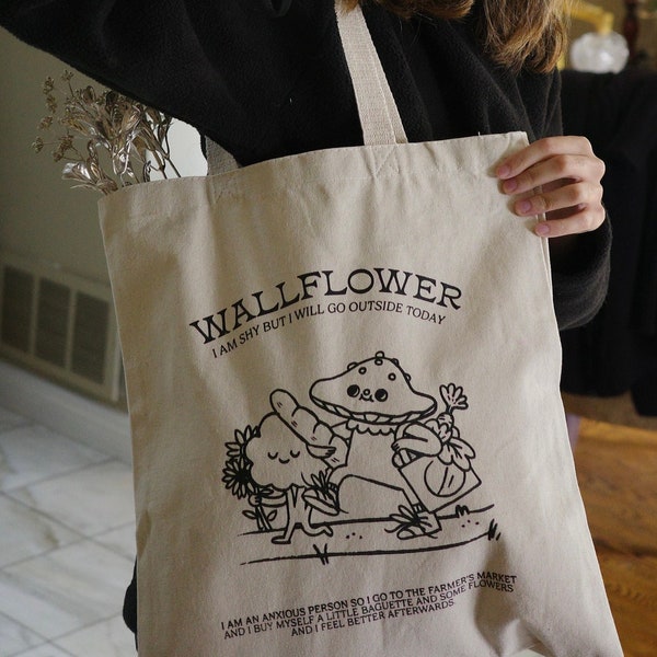 Wallflower Cotton Canvas Tote Bag | 14 x 16” | Cute Illustrated Tote Bag | Lightweight Farmer's Market Bag for Shy and Socially Anxious