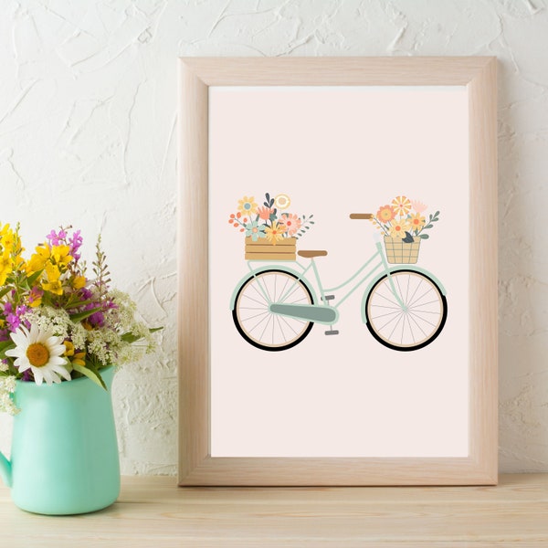 Vintage Bicycle Wall Art, Watercolor Botanical Decor, Floral Bicycle, Floral Printable Art, Farmhouse Decor, Digital Download Wall Art