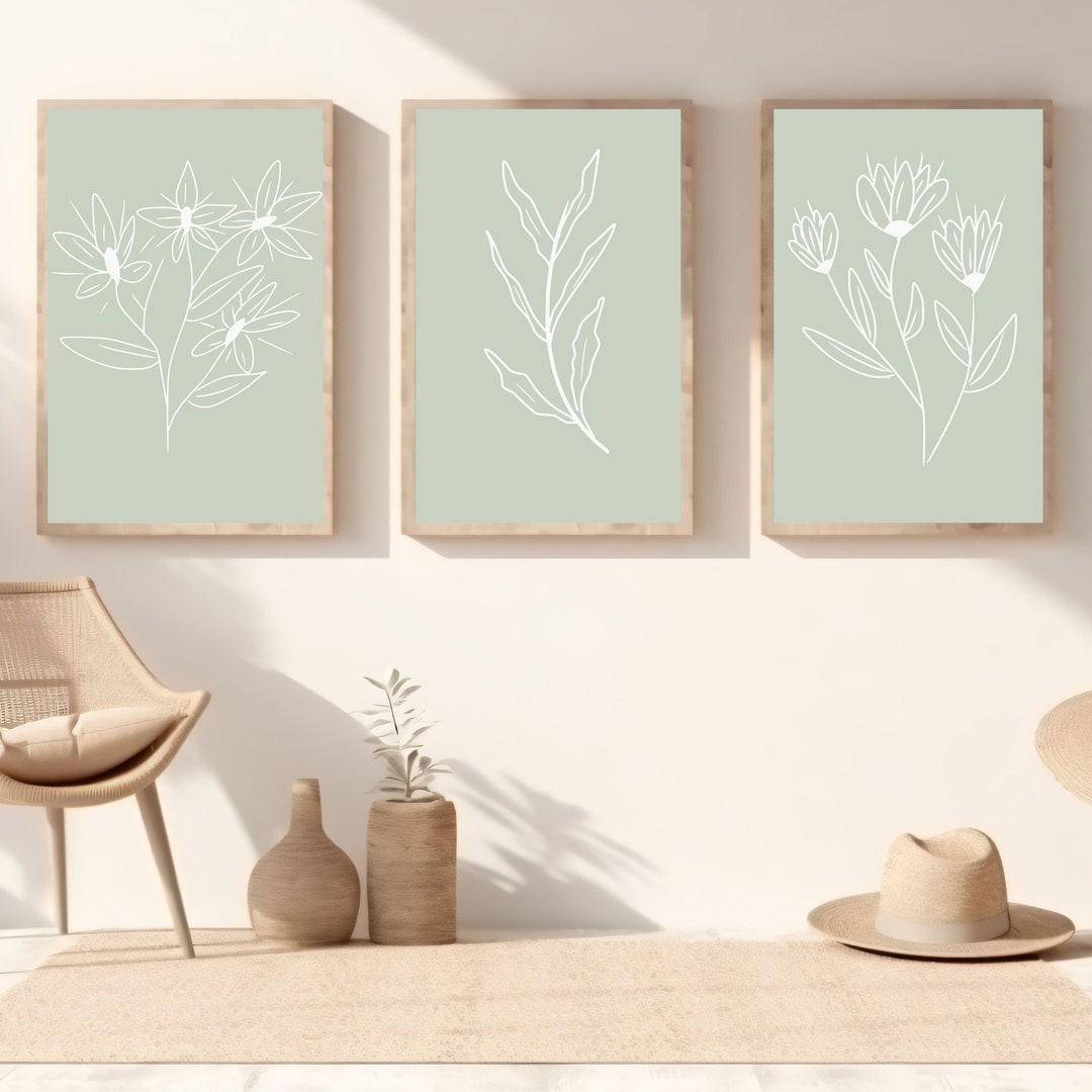 Sage Green Wall Art, Set of 3 Wall Prints, Green Wall Art, Botanical
