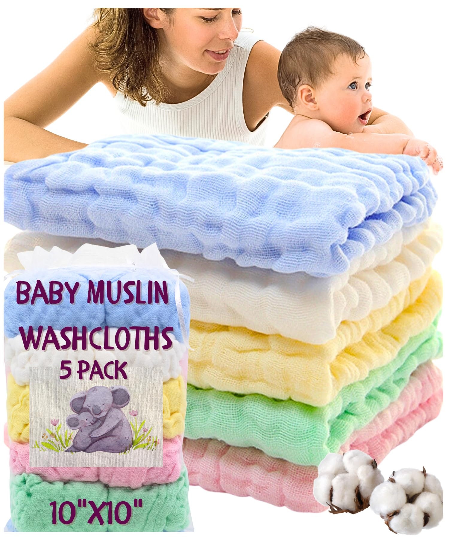 Baby Muslin Washcloths, Soft Newborn Baby Face Towel and Muslin Washcloth for Sensitive Skin, 5 Wipes 10x10 inches., Size: 10 x 10