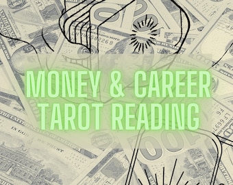 May include: A tarot reading service focused on money and career, illustrated with a black and white drawing of an eye and a sunburst over a background of US dollar bills.