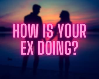 May include: Silhouettes of two people standing against a colorful sunset with the text "HOW IS YOUR EX DOING?" in pink neon letters.