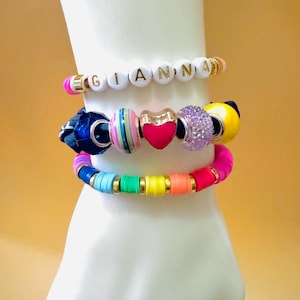 3 PC Bandana Name Bracelet Set | Heishi Personalized Bracelets | Fabric Bracelets | Bandana Custom Word Beaded Bracelets