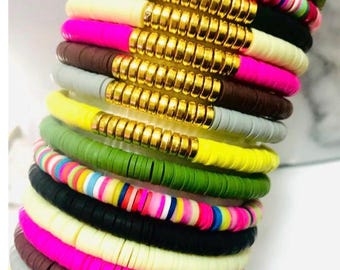 Gold Accent Heishi Bracelets |Personalized Clay Jewelry | Everyday Summer Bracelets for her | Boho Jewelry
