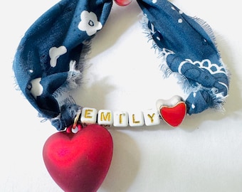 Personalized Fabric Name Bracelet: Cotton Charms, Beaded Word