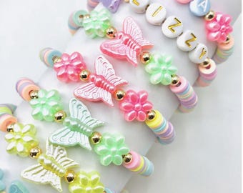 Personalized Girls Nane Heishi Bracelet: Beaded Name, Flower & Butterfly Kids Bracelet