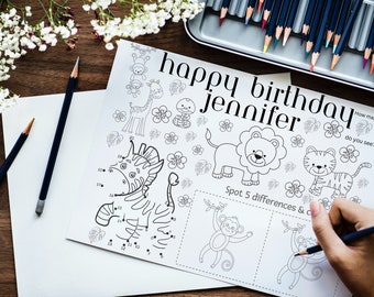 Personalized Jungle Animal Party Coloring Placemat