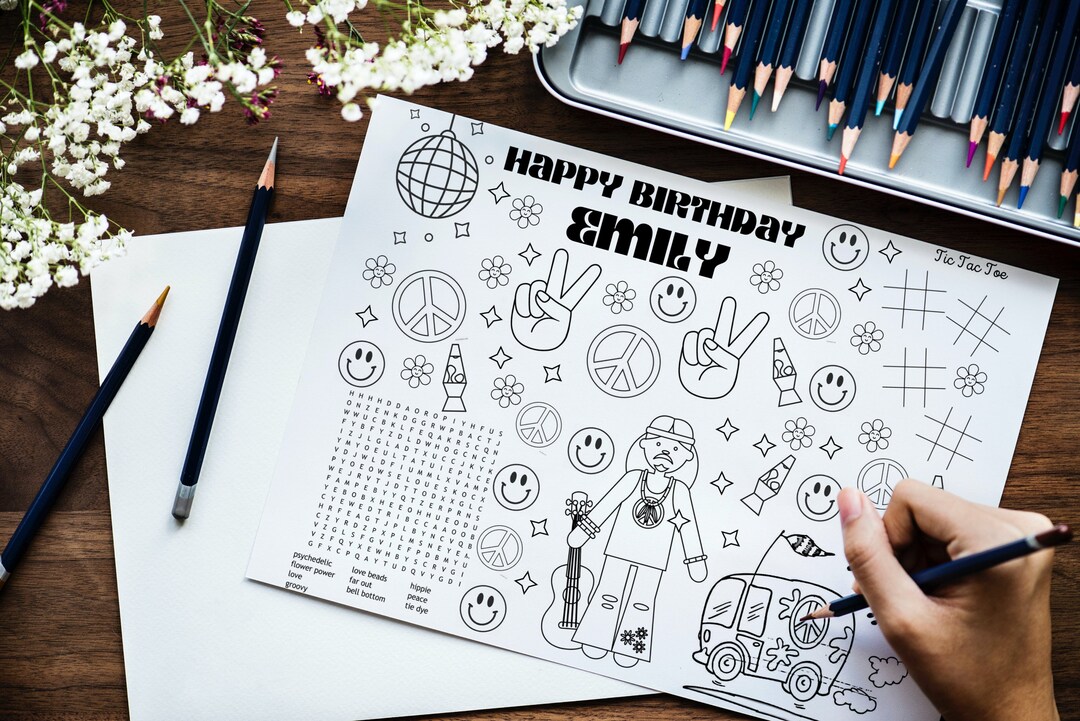 Personalized Groovy Retro Birthday Party Coloring Placemat - Etsy