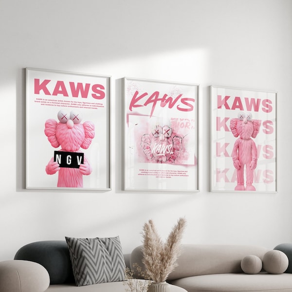 Cartel de figura de Hypebeast rosa, conjunto de 3, figura de Hypebeast, graffiti kaws, decoración minimalista imprimible de Hypebeast, DESCARGA DIGITAL