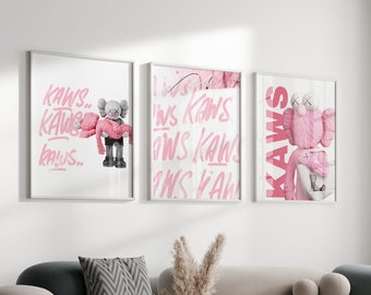 Set of 3 pink Hypebeast Figure Poster,Printable KAWS,Pink Hypebeast Toys,Graffiti print,Hypebeast Decor,pink graffiti,Digital Dowload