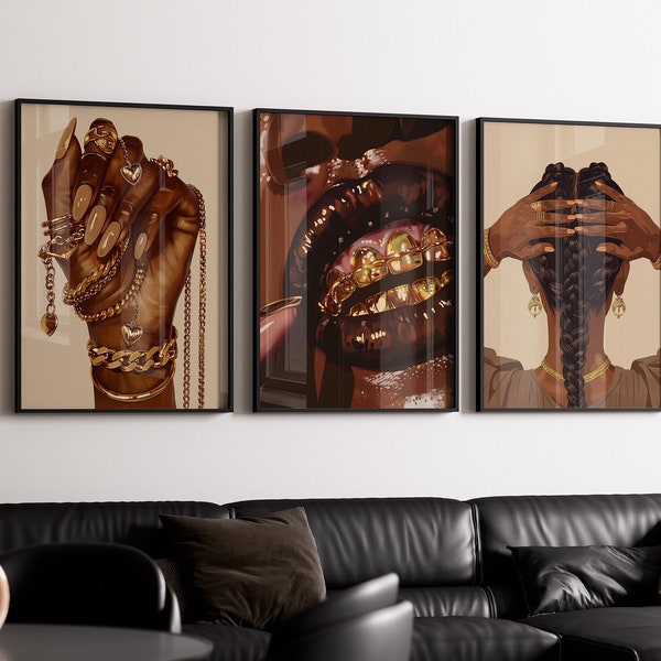 Set of 3 Black Woman Art,Minimalist BLM Art,Feminine Black Girl Art,Black Female,Grill Art,Melanin Art,Black Woman Grills,DIGITAL DOWNLOAD