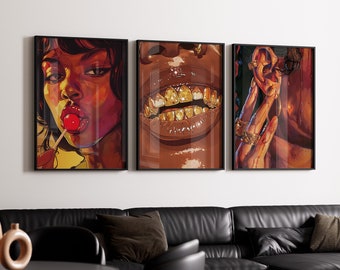 Conjunto de 3 obras de arte de mujeres negras, arte minimalista BLM, arte femenino de chicas negras, arte de mujeres negras, arte de melanina, parrilla de mujer negra, DESCARGA DIGITAL