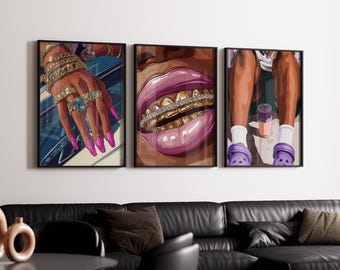 Conjunto de 3 obras de arte com mulheres negras, arte minimalista do movimento Black Lives Matter, arte feminina de garotas negras, mulher negra, arte com grelha, arte com melanina, grelhas de mulheres negras, DOWNLOAD DIGITAL