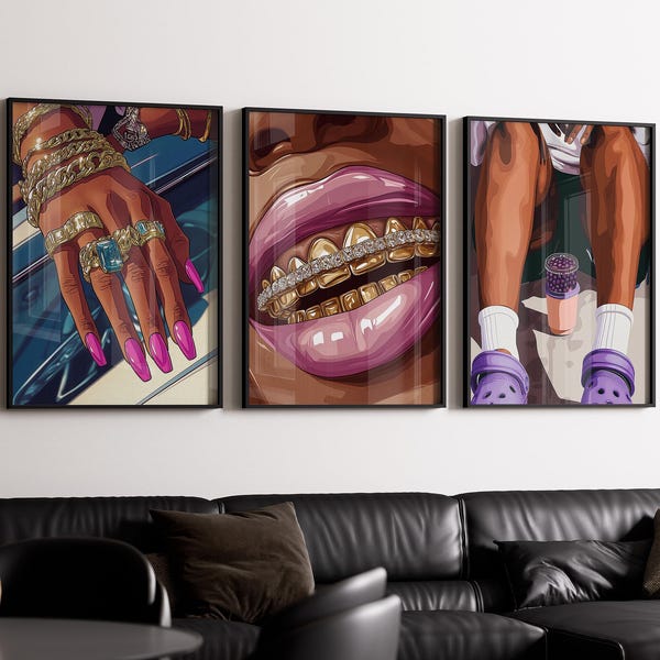 Set of 3 Black Woman Art,Minimalist BLM Art,Feminine Black Girl Art,Black Female,Grill Art,Melanin Art,Black Woman Grills,DIGITAL DOWNLOAD