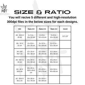 May include: A chart showing different sizes and ratios for digital downloads. The chart includes ISO paper sizes, such as A6, A5, A4, A3, A2, and A1, along with the corresponding dimensions in inches and centimetres. The chart also includes ratios of 4:5, 2:3, and 3:4, with the corresponding dimensions in inches and centimetres. The chart also includes a 11x14 size, with the dimensions in inches.