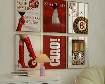Set of 6 Red & White Luxury Decor, Red 8 Ball, Luxury Woman, Stockholm Poster,Y2K Lucky,Disco Ball Decor, Leopard Luxury | Digital  Download