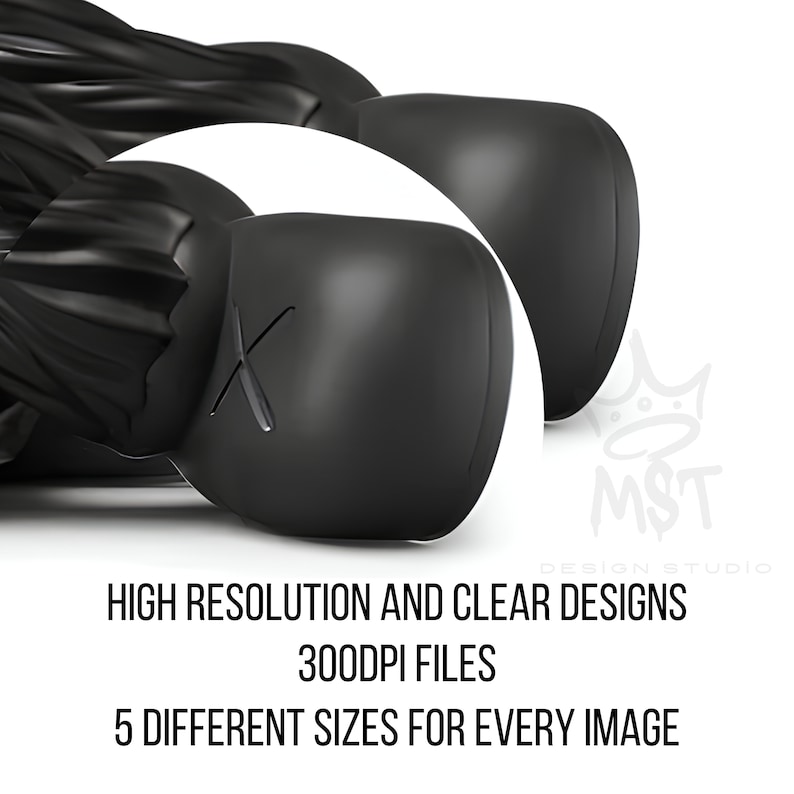 May include: Two black, 3D-printed, stylised figures with a cross-shaped design on the front. The figures are lying on a white surface. The text "HIGH RESOLUTION AND CLEAR DESIGNS 300DPI FILES 5 DIFFERENT SIZES FOR EVERY IMAGE" is printed below the figures.
