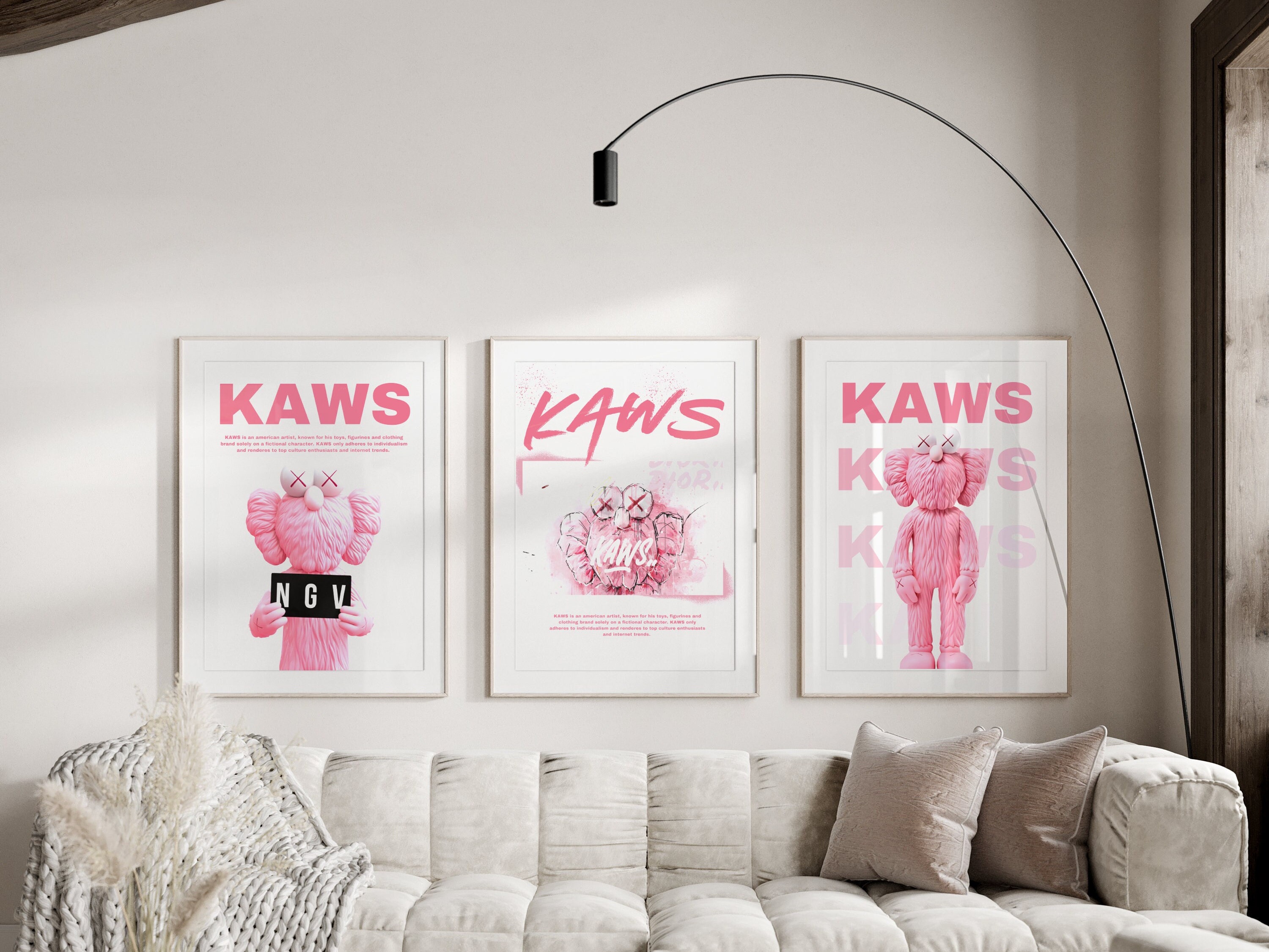 Hypebeast Kaws Posters Set of 3 Black Grey Pink Wall Art Poster Prints