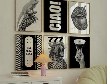 Set of 6 Black & White Fashion Gallery Wall Set, Feminine Decor, Modern Glam, Leopard 8 Ball, Trendy Teen Decor, XOXO | Digital  Download