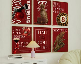 Set of 6 Red & White Fashion Decor, Trendy Collage Art, Fashion Decor, Leopard Print, Girly Wall Art, Magazine Poster | Digital Download