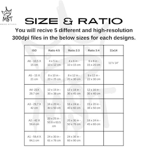 May include: A chart showing different sizes and ratios for digital downloads. The chart includes ISO paper sizes, such as A6, A5, A4, A3, A2, and A1, along with their corresponding dimensions in inches and centimetres. The chart also includes ratios of 4:5, 2:3, and 3:4, with their corresponding dimensions in inches and centimetres. The chart also includes a 11x14 size, with dimensions in inches.