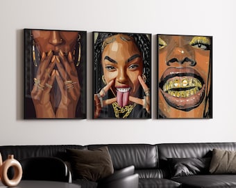Set of 3 Black Woman Art,Minimalist BLM Art,Feminine Black Girl Art,Black Female,Grill Art,Melanin Art,Black Woman Grills,DIGITAL DOWNLOAD