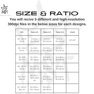 Pode incluir: Um gr&aacute;fico com o texto &laquo;TAMANHO E PROPOR&Ccedil;&Atilde;O&raquo; e uma tabela detalhando os tamanhos de impress&atilde;o em polegadas e cent&iacute;metros. A tabela inclui tamanhos ISO, Ratio 4:5, Ratio 2:3, Ratio 3:4 e 11x14, com medidas como 4 x 5 polegadas (10 x 12 cm).