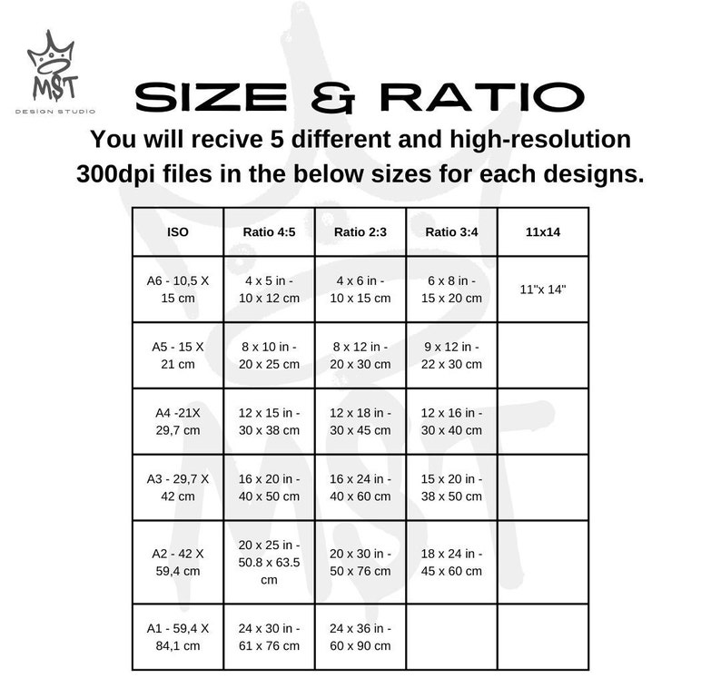 Pode incluir: Um gr&aacute;fico com o texto &laquo;TAMANHO E PROPOR&Ccedil;&Atilde;O&raquo; e uma tabela detalhando os tamanhos de impress&atilde;o em polegadas e cent&iacute;metros. A tabela inclui tamanhos ISO, Ratio 4:5, Ratio 2:3, Ratio 3:4 e 11x14, com medidas como 4 x 5 polegadas (10 x 12 cm).