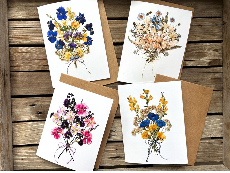 Pressed Flowers Note Cards, 4 Cards in Series. Print Reproductions, 1 ...