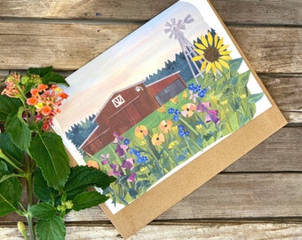 Unique art, Greeting card, Cut paper collage, handmade art card, barn with flowers, unique card, blank card, painted paper collage