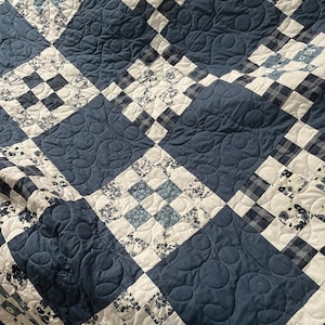Large quilt throw BLUE and WHITE patchwork 75x75 approx
