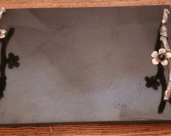 Black Granite Stone Vintage Dresser Jewelry Tray Purple Flower Serving Cheese Board GREAT Charcuterie Party