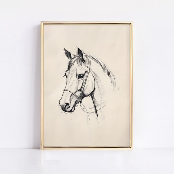 HORSE SKETCH ART, vintage moderne imprimable, dessin neutre minimaliste, dessin au trait équestre, croquis d’art de cheval, téléchargement numérique, eq-3