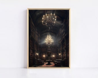 Donkere Academia bibliotheek olieverfschilderij print, grandioze Victoriaanse bibliotheek muurdecoratie, sfeervolle boekendecoratie, vintage gotische Academia print
