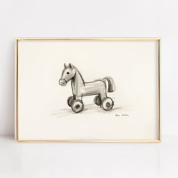 MINIMALIST NURSERY PRINTABLE, Vintage Toy Sketch, Boys Nursery Print, Wooden Horse Download, Parisian Nursery Decor, Horse Line Art