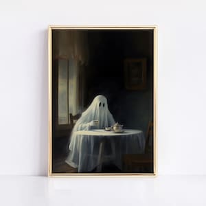 PRINTABLE GHOST ART, Ghost Tea Print, Neutral Moody Halloween Printable, Dark Academia Decor, Vintage Halloween Decor,  Cottagecore Art