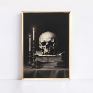 skull candle art printable | dark academia decor | vintage halloween | dark cottagecore art | dark oil painting | printable wall art