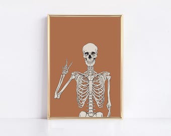 Divertida lámina de esqueleto con símbolo de la paz para Halloween, arte de pared espeluznante y original, decoración retro de esqueletos, lámina imprimible de Halloween con humor, lámina artística de esqueletos