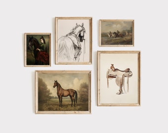 May include: Five framed prints of horse-themed artwork. The prints are in various styles, including a black and white sketch of a horse's head, a painting of a horse and rider, a painting of a horse in a field, a painting of a horse race, and a painting of a saddle.