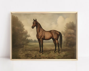 Puede incluir: Una pintura de un caballo marrón de pie en un campo. El caballo está mirando hacia la izquierda y tiene una larga melena fluida. El fondo es un paisaje con árboles y un cielo nublado.