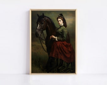 Vintage ruiterprint: vrouw rijdt paard, Dark Academia (digitale download)